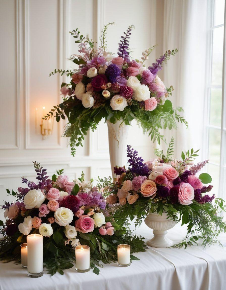 A beautifully arranged wedding bouquet, surrounded by various home decor items, all adorned with vibrant floral arrangements, showcasing a seamless blend of elegance and creativity. Include elements such as candles, elegant vases, and soft fabrics that complement the flowers. The background should depict a dreamy, romantic setting with subtle lighting. super-realistic. vibrant colors. white background.