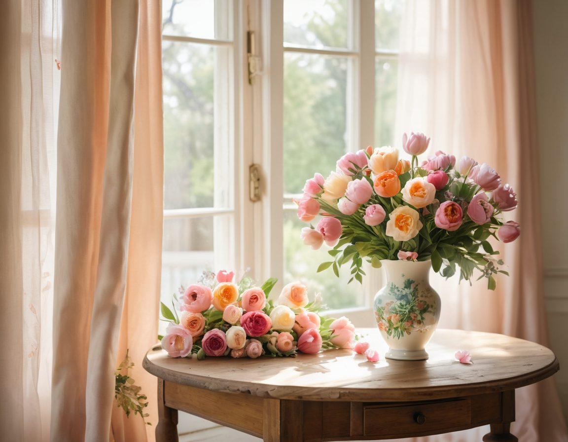 A dreamy scene showcasing an elegant floral arrangement in a sunlit room, with a variety of colorful blooms like roses, peonies, and tulips artfully arranged in a vintage vase. Surrounding the vase, scattering delicate petals on a rustic wooden table, while soft, warm light filters through sheer curtains. In the background, hints of nature peek through an open window, enhancing the romantic atmosphere. watercolor painting. soft pastel colors. ethereal lighting.