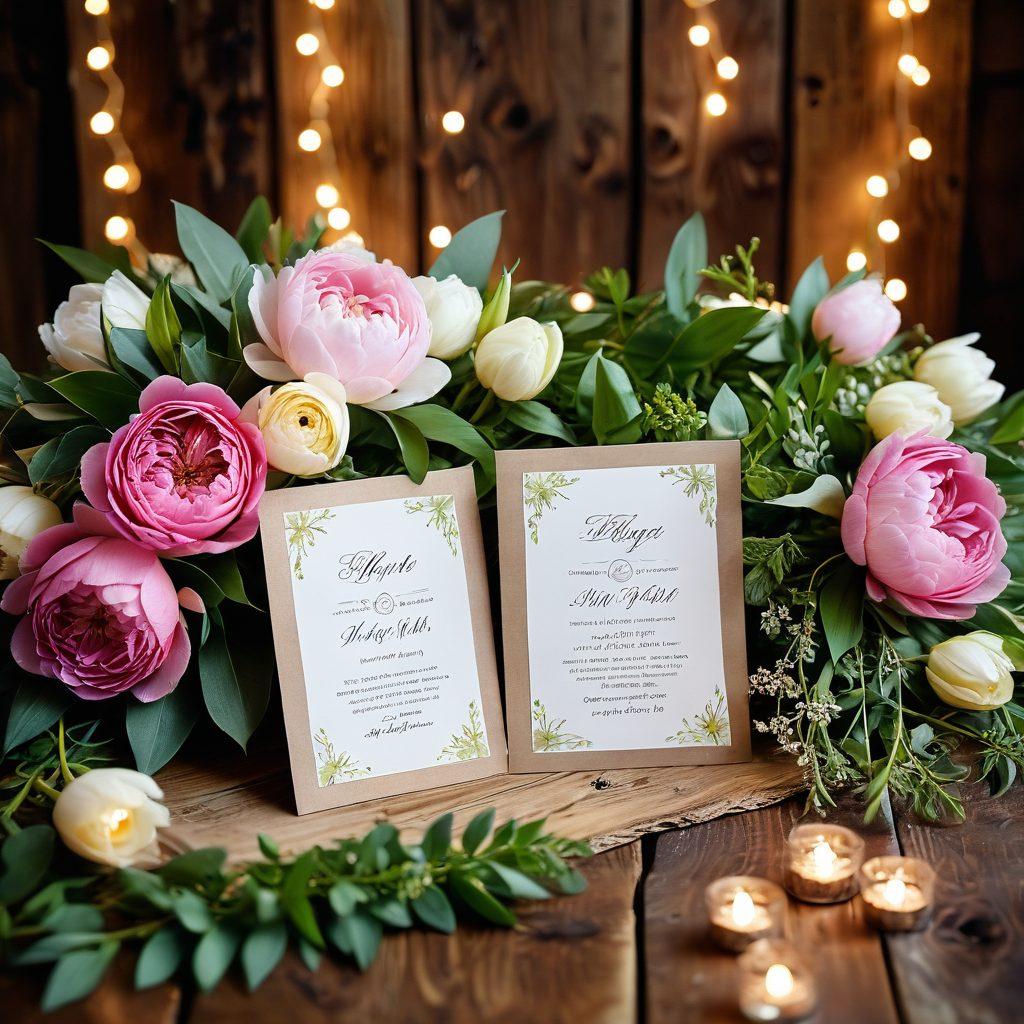 A whimsical arrangement of various flowers like roses, peonies, and tulips artfully intertwined with delicate greenery, set against a rustic wooden table. Soft fairy lights twinkle in the background, creating an enchanting atmosphere perfect for romantic events. Include a wedding invitation partially visible, hinting at the theme of love and celebration. soft focus. vibrant colors. rustic elegance.